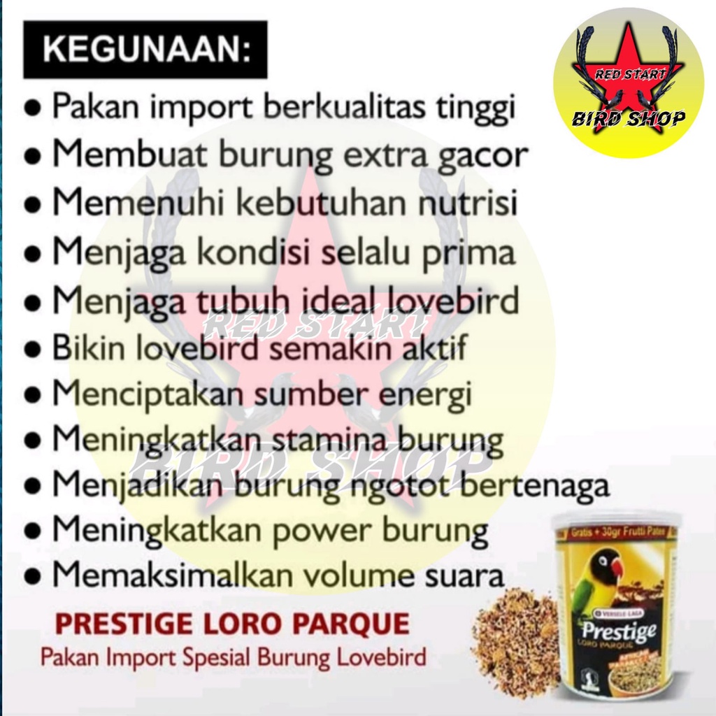 Prestige loro parque lovebird versele Laga Premium Pakan makanan burung Love Bird milet campur import kemasan baru pouch