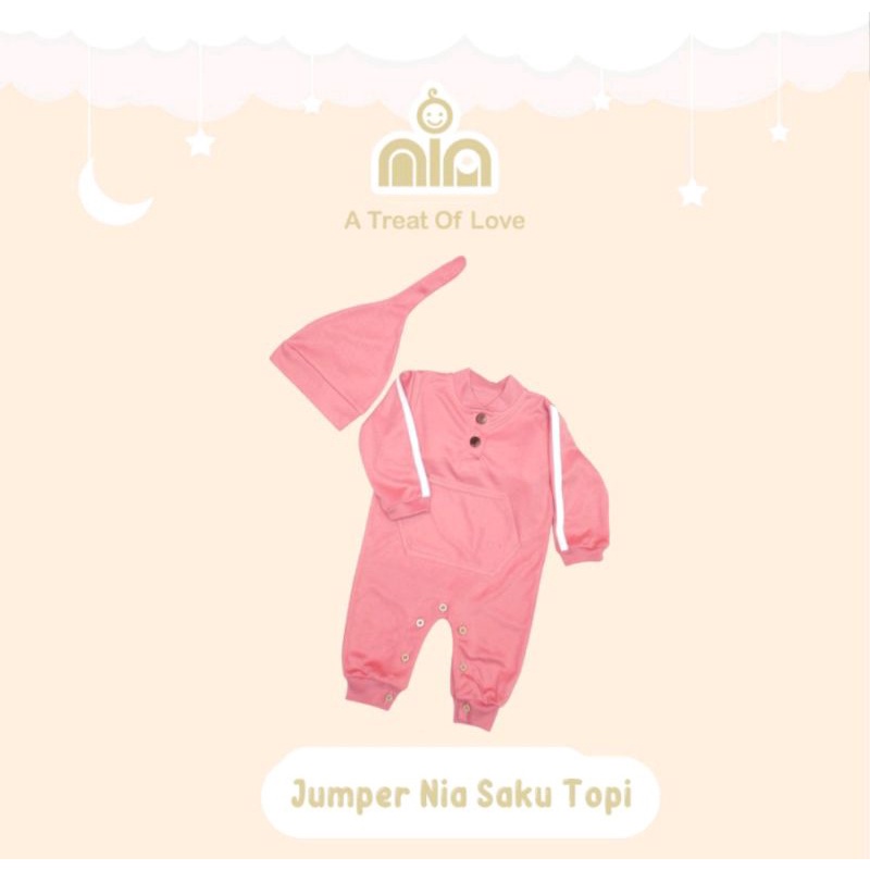 NIA Set Jumper Saku Sleepsuit Bayi + Topi Polos Premium