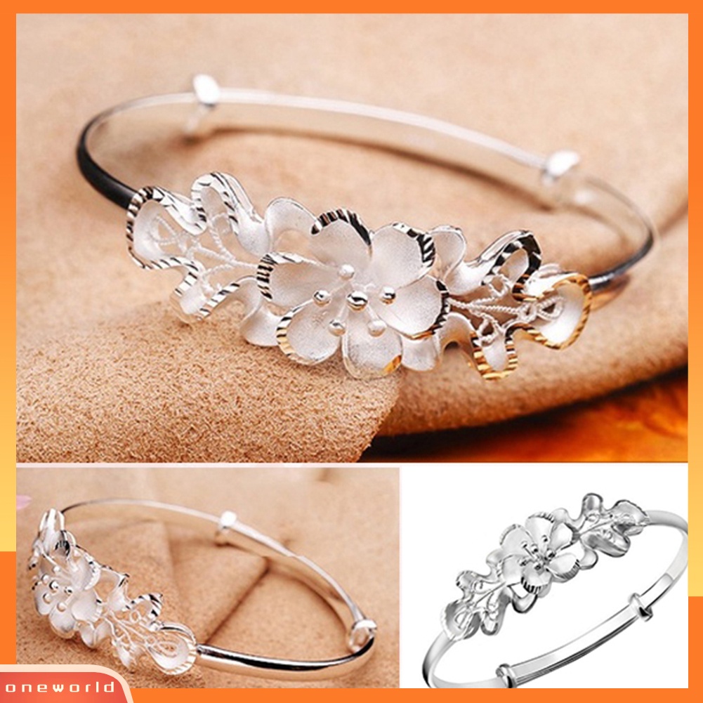 {oneworld} Fashion Bunga Adjustable Cuff Bangle Woman Perak Disepuh Gelang Tangan Perhiasan