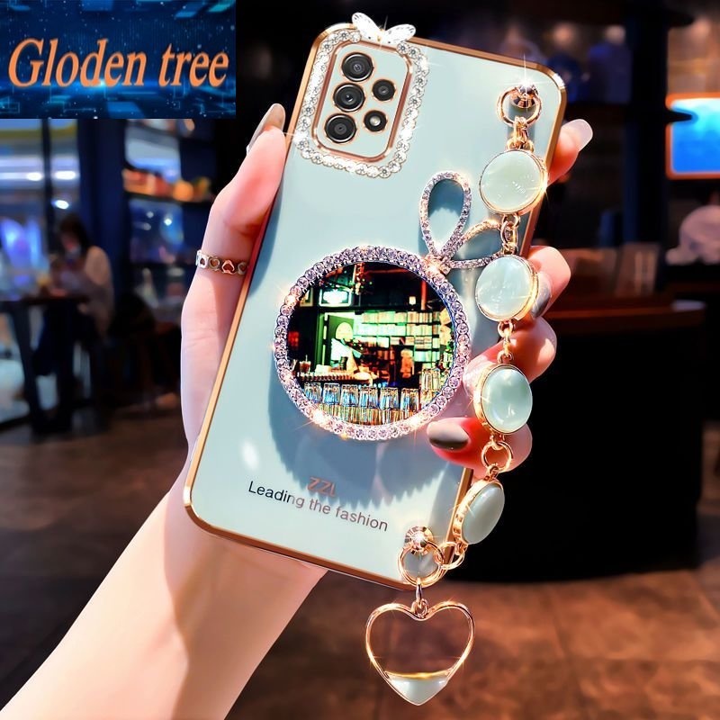 Gloden tree Phone Case Untuk Samsung A750 A7 2018 A23 A01 A03 A04 Kelinci vanity mirror Perhiasan Gelang, Bingkai Foto Dengan Berlian