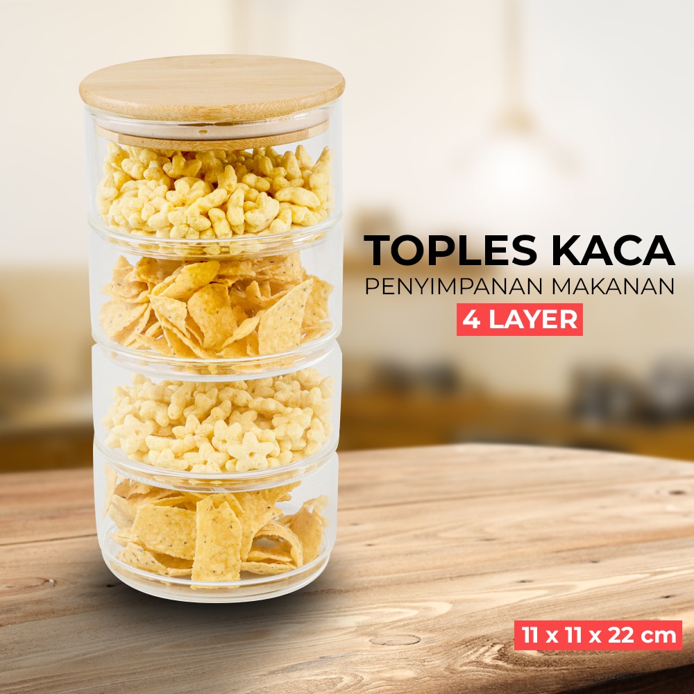 Toples Kaca Penyimpanan Makanan Bamboo Cover 4 Layer