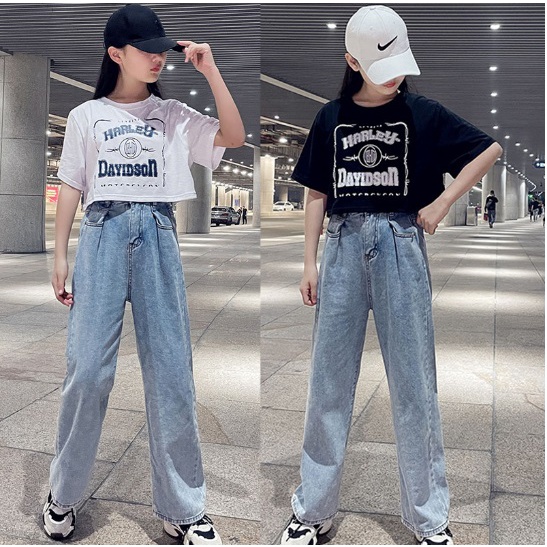 Setelan anak PEREMPUAN CROP SET import HARLEY DAVIDSON + CELANA JEANS TEBAL KEKINIAN setelan anak teenageR