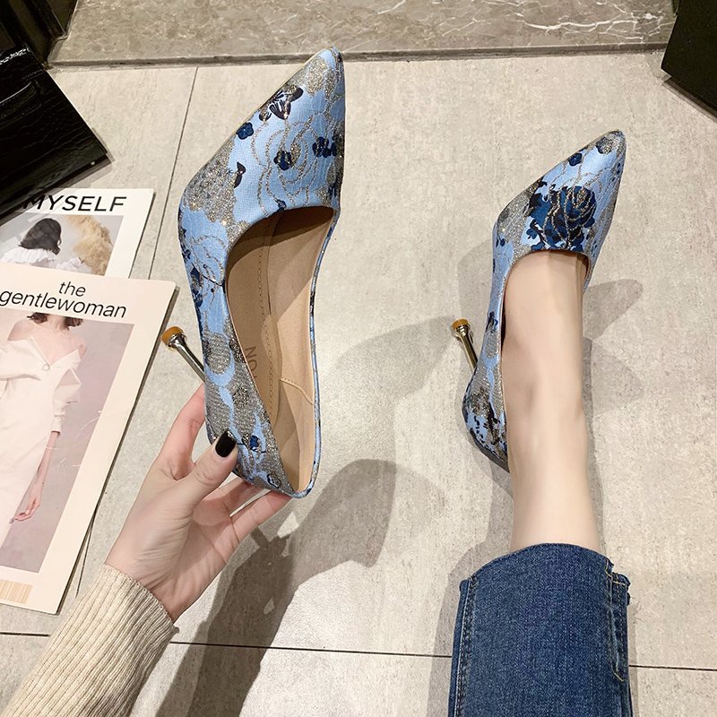 RYS - Retro Flowers Sepatu Slip-On Hak Heels Tinggi Wanita Fashion Pesta - Ori Import