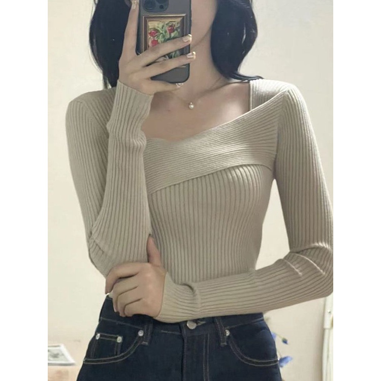 Red Keinginan murni untuk mengekspos tulang selangka temperamen tidak teratur rajutan sweater wanita musim gugur dan musim dingin rasa desain ceruk slim-pas sweater kemeja bagian dalam bottoming