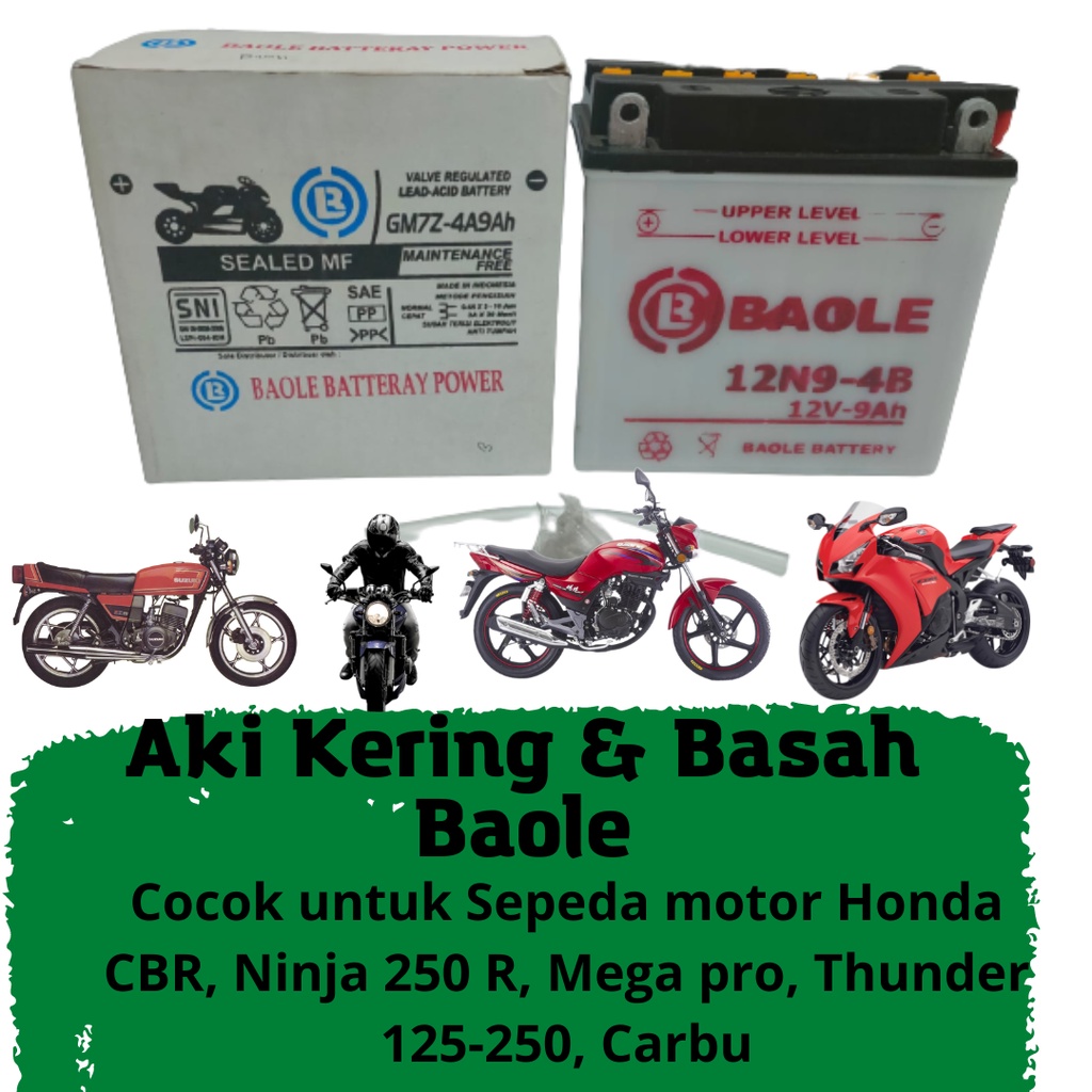 Aki Motor Basah Merk Baole Batteray Power Type GM7Z 4A9AH 12 Volt 9 Ampere untuk sepeda motor berbag