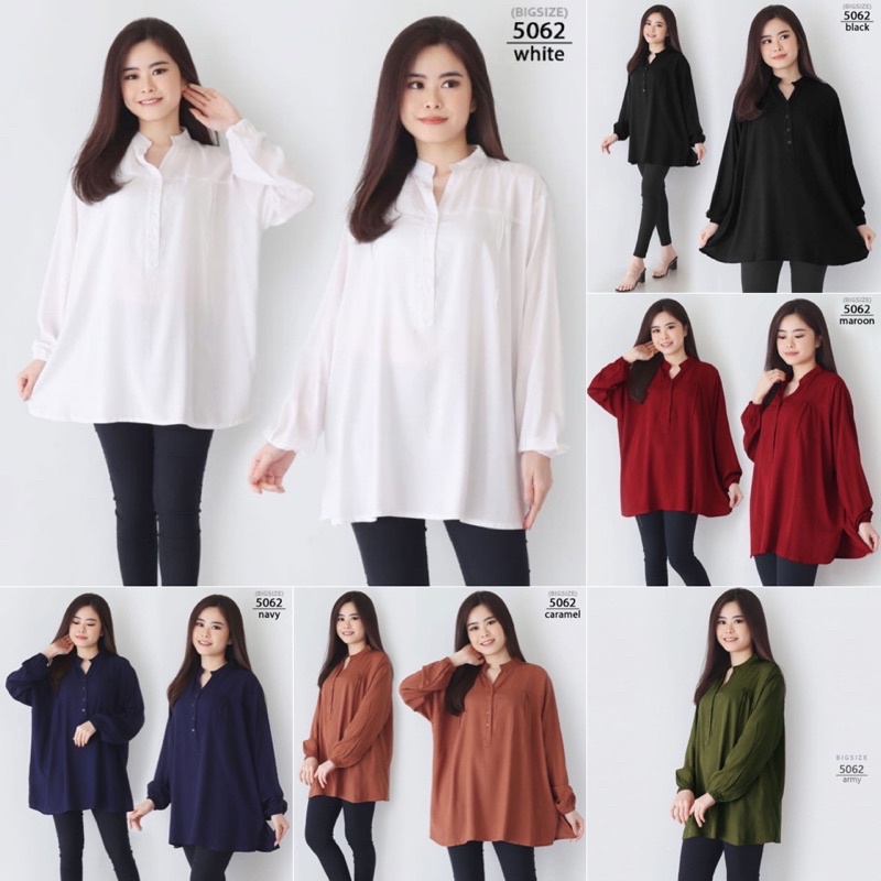 BAJU KEMEJA ATASAN WANITA JUMBO BIG SIZE LD 130cm XXL XXXL 5062 KERJA KANTOR PESTA V NECK KATUN HAMI