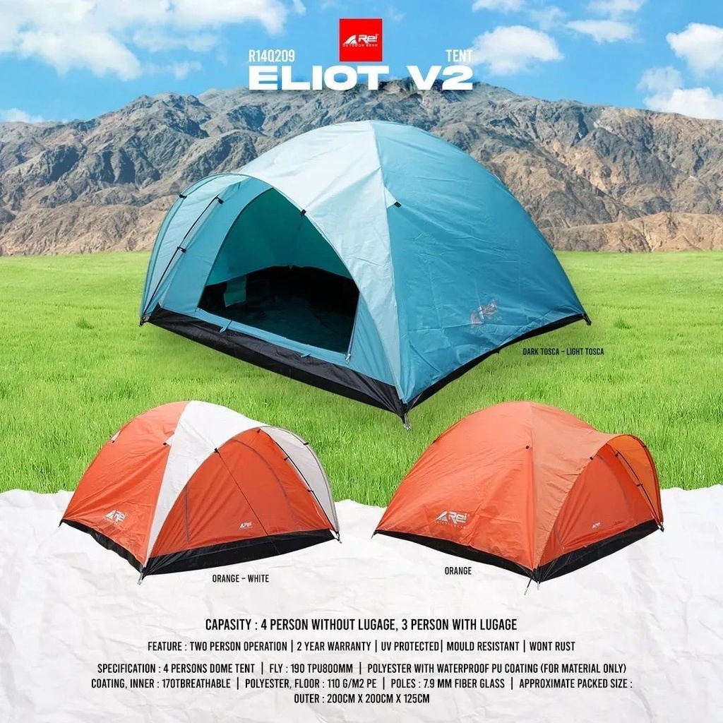 Tenda Gunung Eliot V2 Arei Outdoorgear Kapasitas 3-4 Orang Camping Outdoor Rei