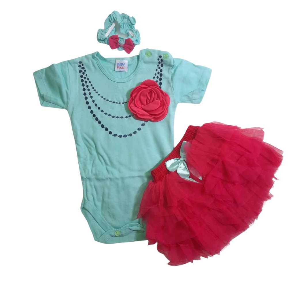 Baju  Bayi Perempuan 3 6 12 Bulan Jumper Set Anak Cewek Cantik Pink Tutu Necklace