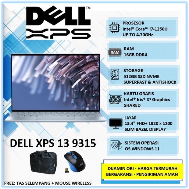 Laptop Bisnis Slim Ringan Ultrabook Dell XPS 13 9315 Intel Core i7 Gen 12 Ram 16GB SSD 512GB 13.4" F