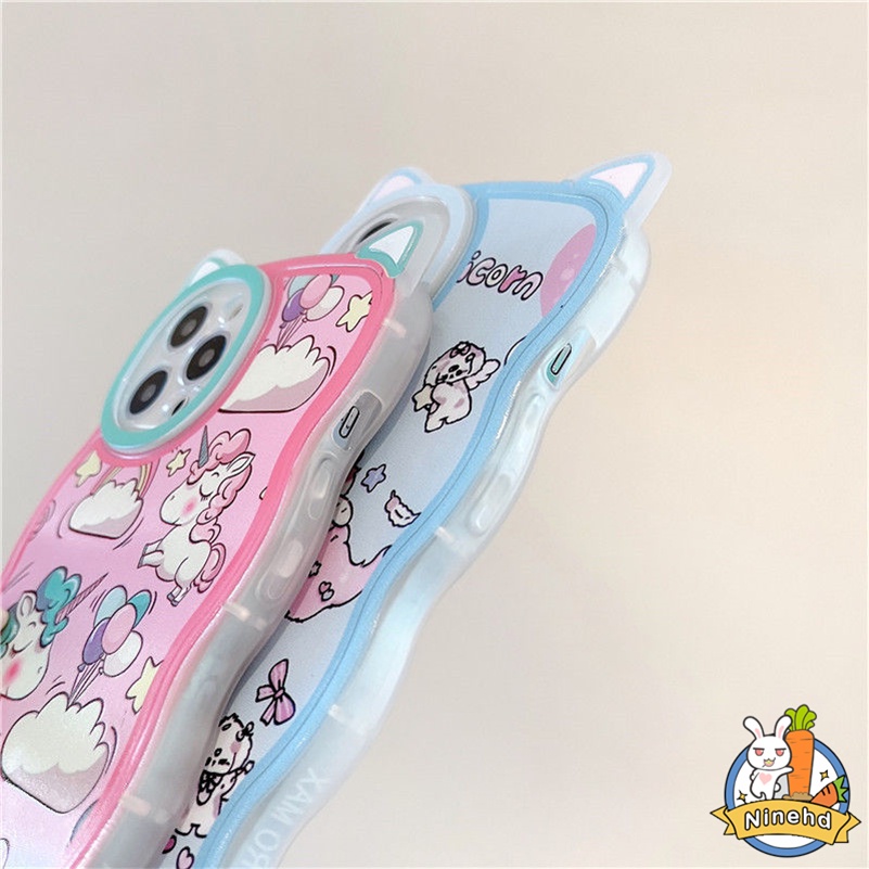 IPHONE Casing Kompatibel Untuk Iphone14 13 12 11 Pro Max X Xr Xs Max8 7 6 6s Plus SE Casing Ponsel Telinga Kucing Unicorn Kartun Lucu Lembut Bergelombang Edge Case Silicon Anti-Shock Bumper Cover Pelindung