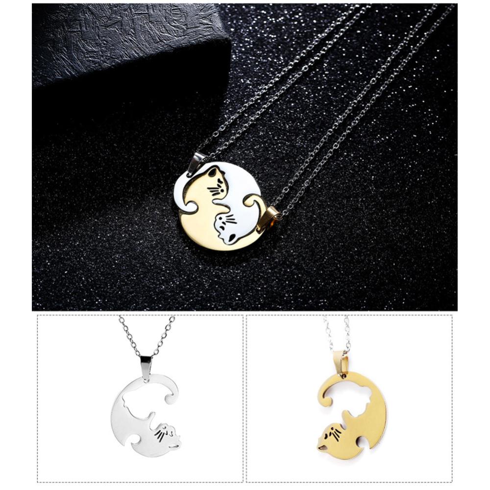 Timekey Kalung Pasangan Baja Titanium Anti Karat Hitam Putih Kucing Pelukan Splicing Liontin Pasangan Kalung Perhiasan Hadiah I1N5