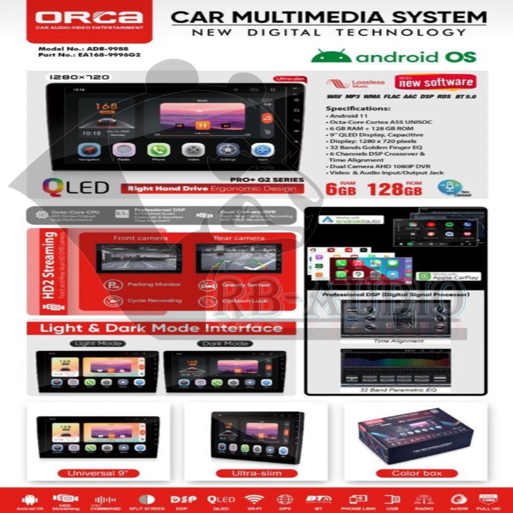 Head Unit Android 10 inch ORCA ADR-9988 PRO+ G2 Gen 2 DSP Dual DVR/CCTV 6GB-256GB COOLING FAN NFC