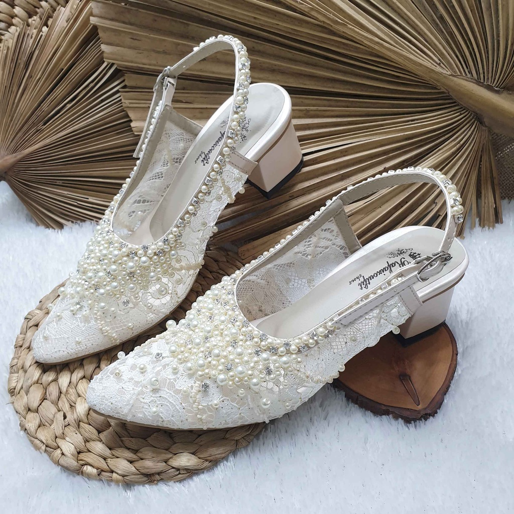 sepatu wedding pesta payet cantik Kirania broken white hak 5cm tahu