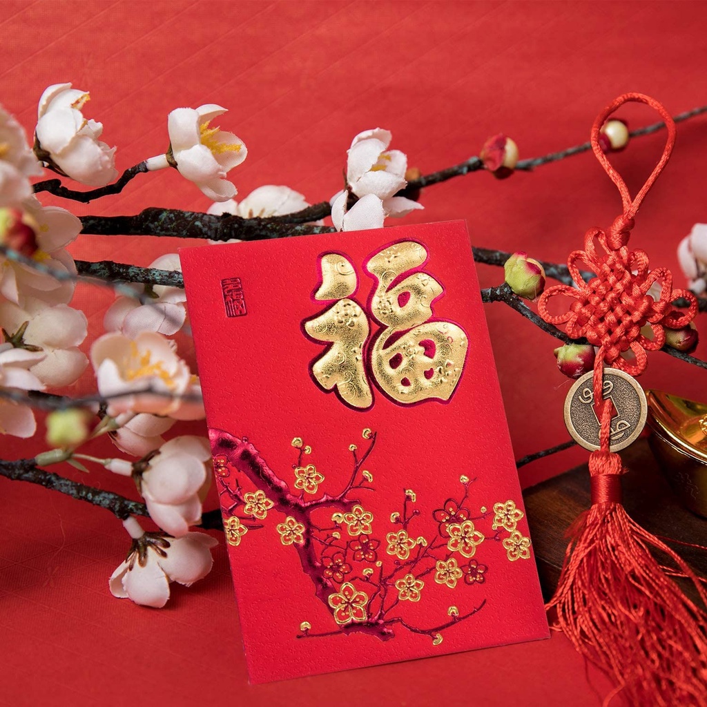 Angpao Hoki 1 Set Isi 6 Pcs Bahan Tebal Embos Emas Ukuran Panjang Netral FU Fuk Hok Merah Hong Bao Chinese Red Envelopes Angpau Imlek Amplop Lunar Envelope Ampau Ampao