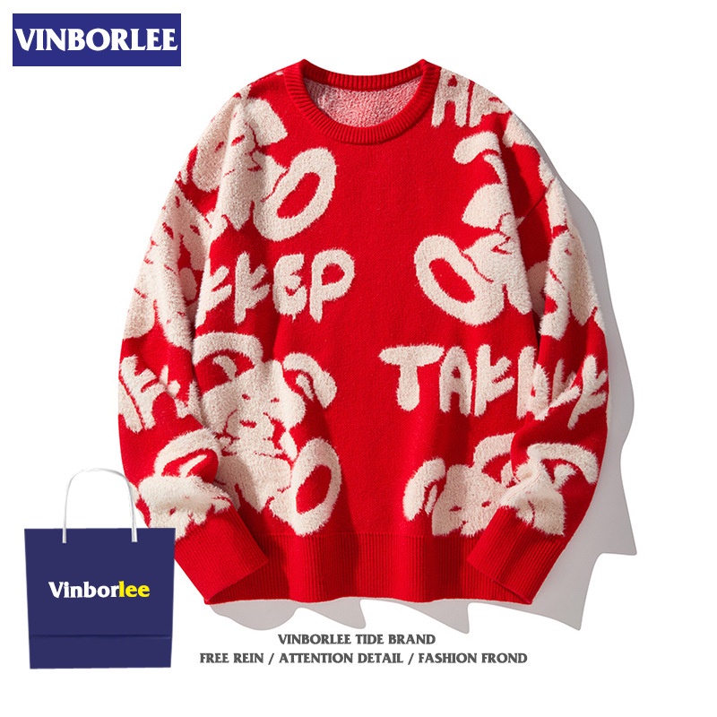 Lee Vinbor Kelinci Tahun Sweater  Pria    Merah cetak Anda  Rajut Sweater  Fashion