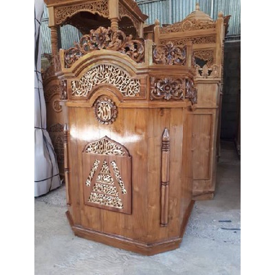 Mimbar Masjid Plus Kursi dan Tongkat Kayu Jati Tua