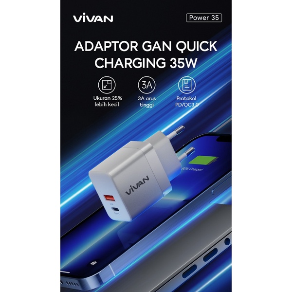 Vivan Power 35 GaN PD QC 4A 35W USB-C USB-A Dual Port Quick Charger