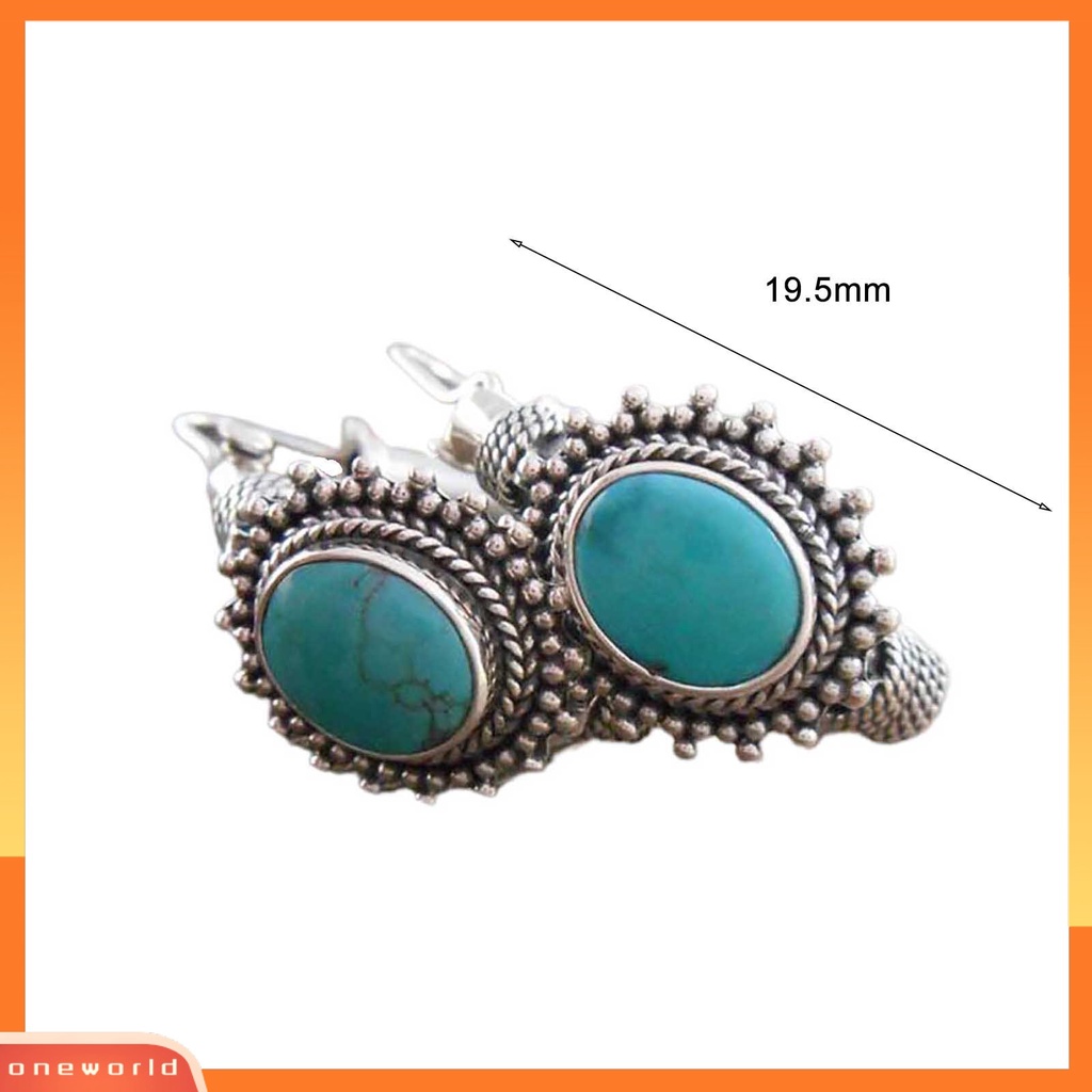 {oneworld} 1pasang Anting Hoop Tindik Oval Ukir Unik Biru Turquoise Bohemia Retro Earrings Perhiasan Aksesoris