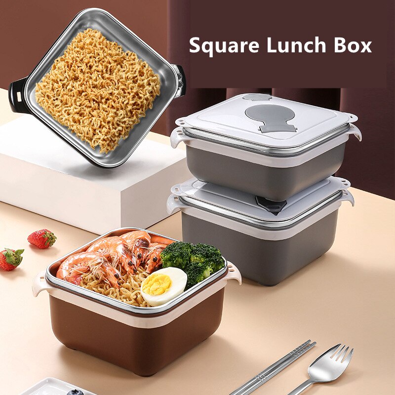 Tempat kotak makan mangkuk mie instan mangkuk mie baja tahan karat persegi ada 5 warna ukuran 1000-1400ml