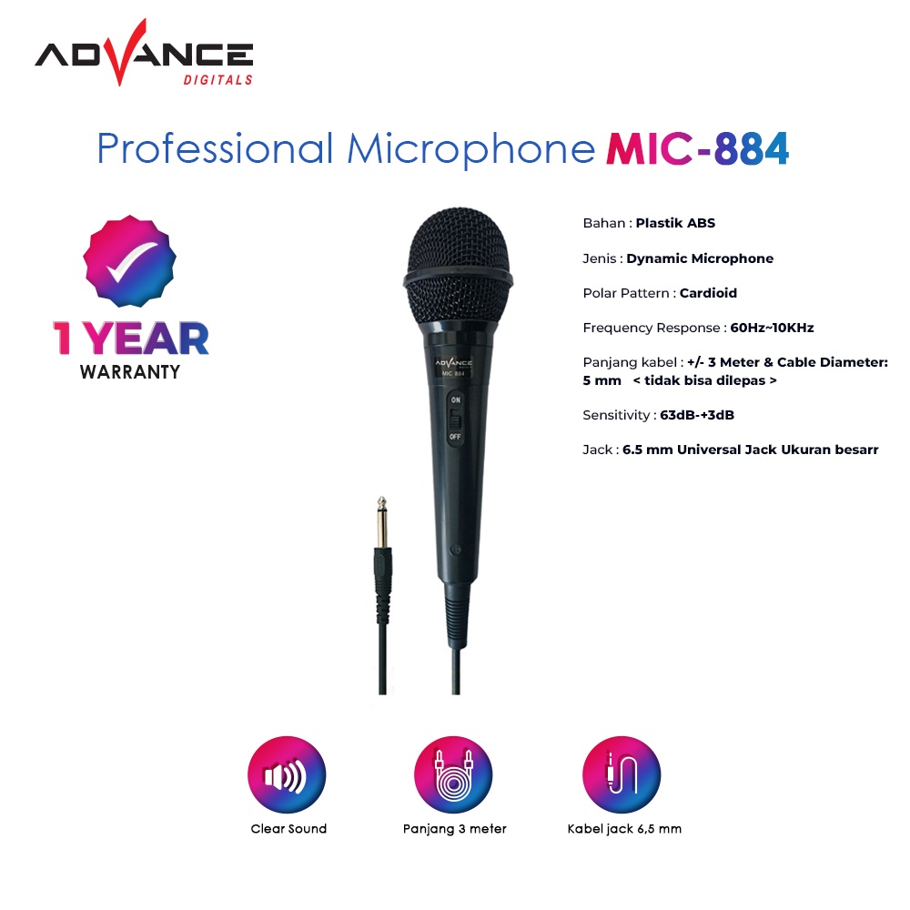 Advance Digitals Mic Karaoke Profesional Dynamic Microphone Mic Kabel MIC-884 Jack Besar 6,5MM Garansi 1 Tahun