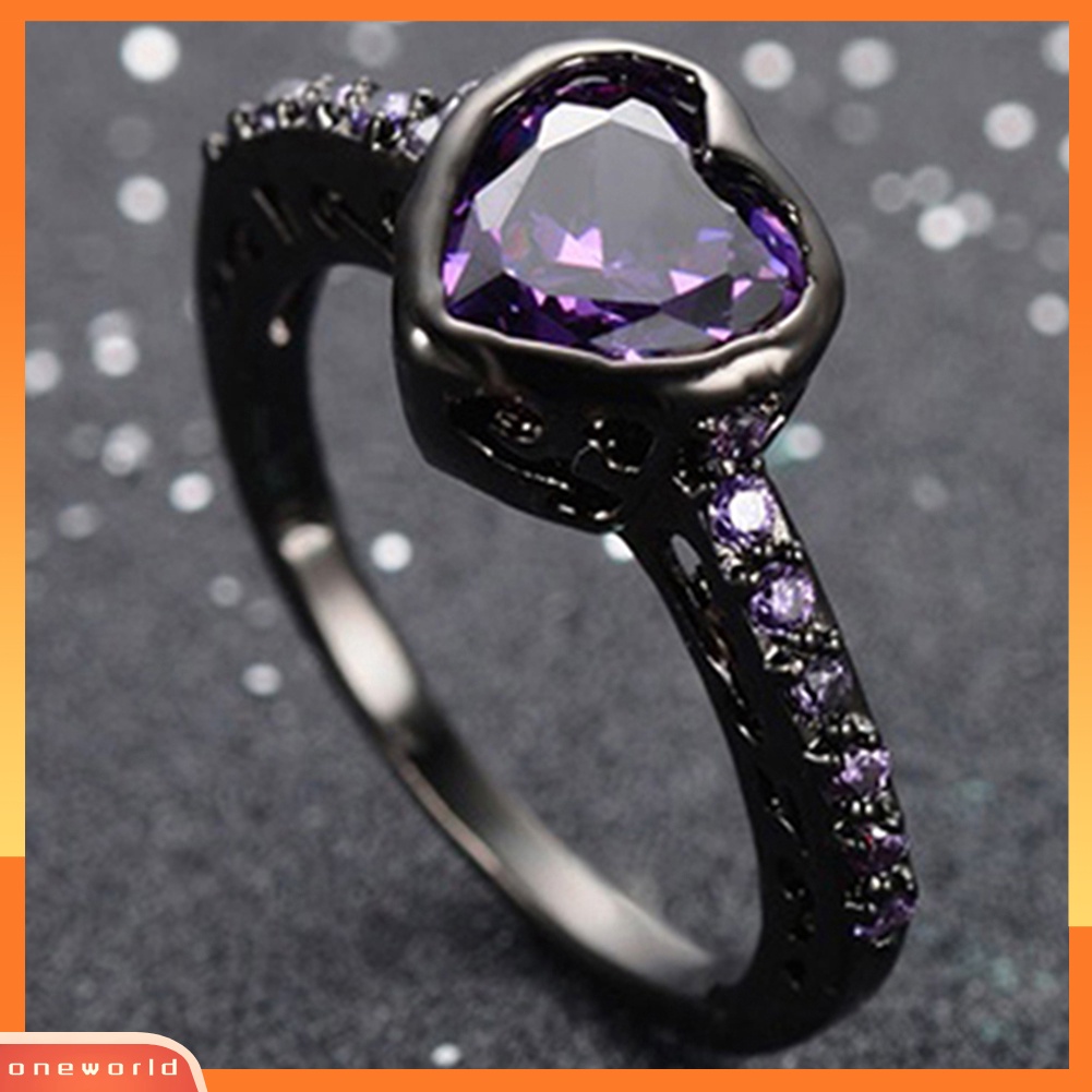 {oneworld} Fashion Wanita Zirkon Mengkilap Perhiasan Cincin Lamaran Pertunangan Berlapis Emas Hitam