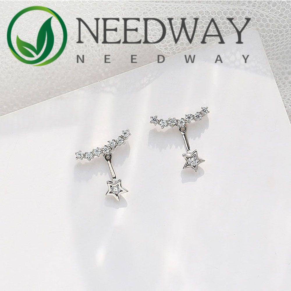 Needway   Stud Earrings Fashion Kepribadian Warna Perak Berlian Imitasi Menjuntai Pentagram Jewelry