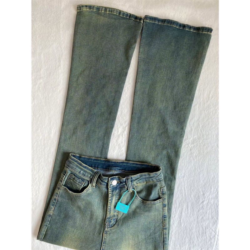 ✱℗✉American Retro Kuno Berkobar Celana Jeans Wanita Musim Gugur dan Musim Dingin Tinggi Pinggang Pelangsing Elastis Panjang Lantai Panjang celana Berkobar