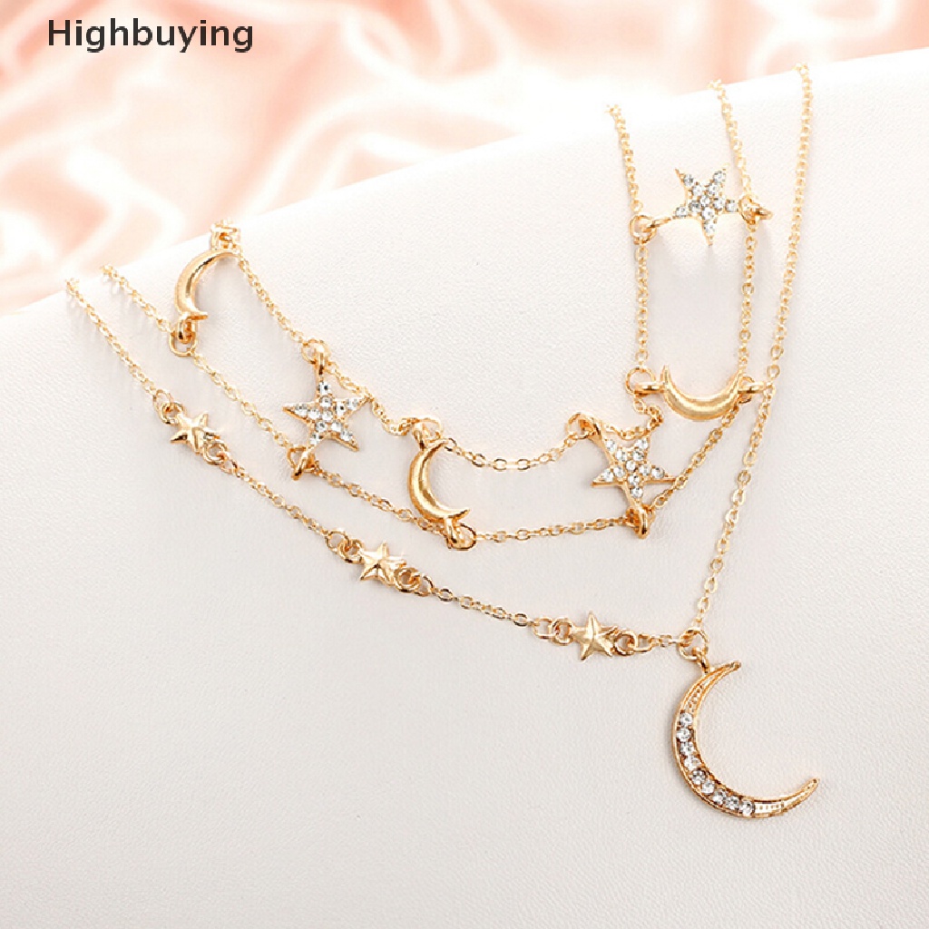 Hbid Boho Multilayer Emas Bulan Bintang Liontin Kalung Rantai Wanita Choker Perhiasan Hadiah Glory