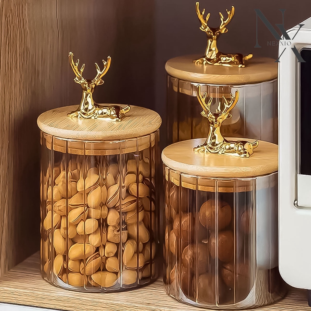 NexXio Penyimpanan makanan/ Toples Deer/ Rusa / Toples Kaca / Toples Kue / Toples Snack / Toples food jar gold / Toples Gift/ Wedding Gift/Birthday Gift/Toples Cantik