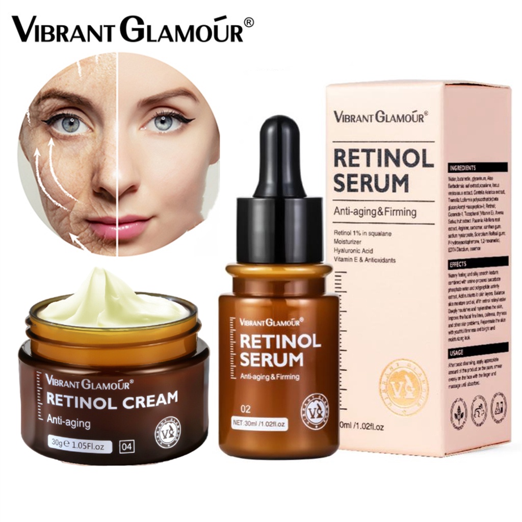 VIBRANT GLAMOUR Retinol Cream Night Cream Mengaktifkan Kolagen Menghilangkan Kerutan Regenerasi Kulit - 2pcs Serum Retinol Anti-Penuaan Untuk Wajah &amp; Cream Retinol 30gr