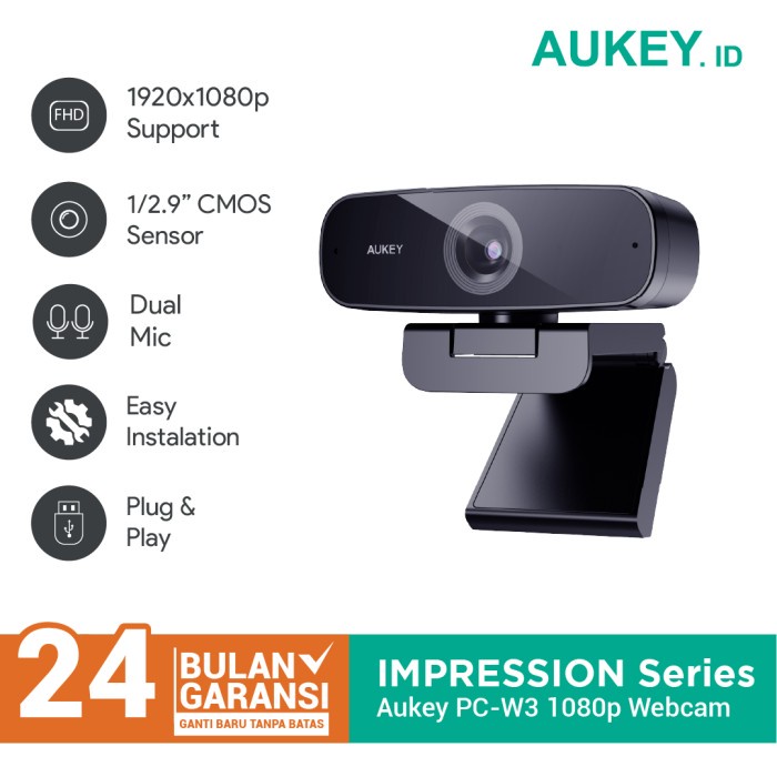 Aukey Webcam PC-W3 FHD 1080p & Dual MIC - Kamera Web berkualitas tinggi