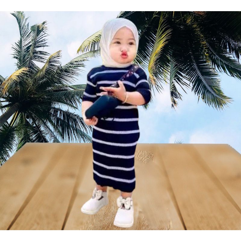 3-4 Tahun KHALILA STRIPE Dres Rajut Anak Perempuan Lengan Pendek