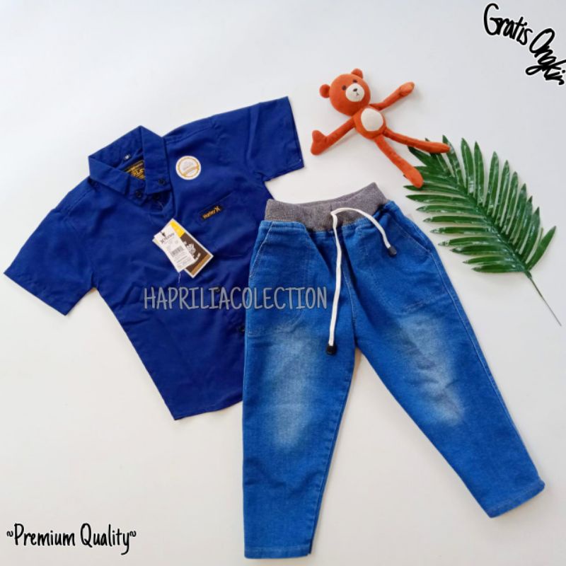 Setelan kemeja pendek jeans panjang anak laki baju katun atasan kids keren cowo bawahan levis murah 