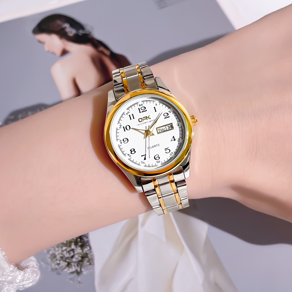 OPK Jam Tangan Wanita Anti Air Original Stainless Steel Cewek Kalender Bercahaya Luminous Women Watch