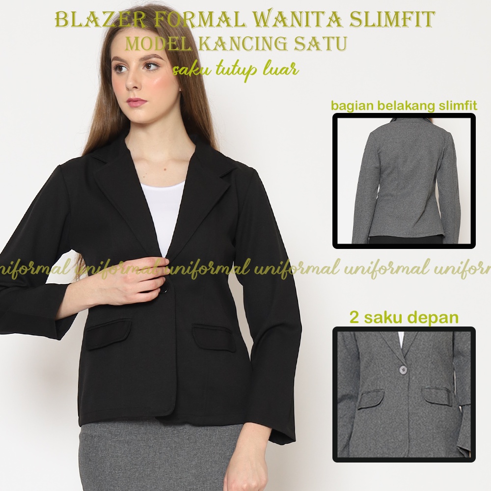 Blazer Formal Wanita, Jas Kantor Cewek HITAM ABU KANCING SATU Bahan Gabardine S - XL blezer Perempuan Kerja Kantoran Korea JUMBO Big size  Blezer Panjang Korea Sekolah Interview Wisuda Perpisahan Slimfit S M L XL XXL 3L 4L 5L Obral Termurah