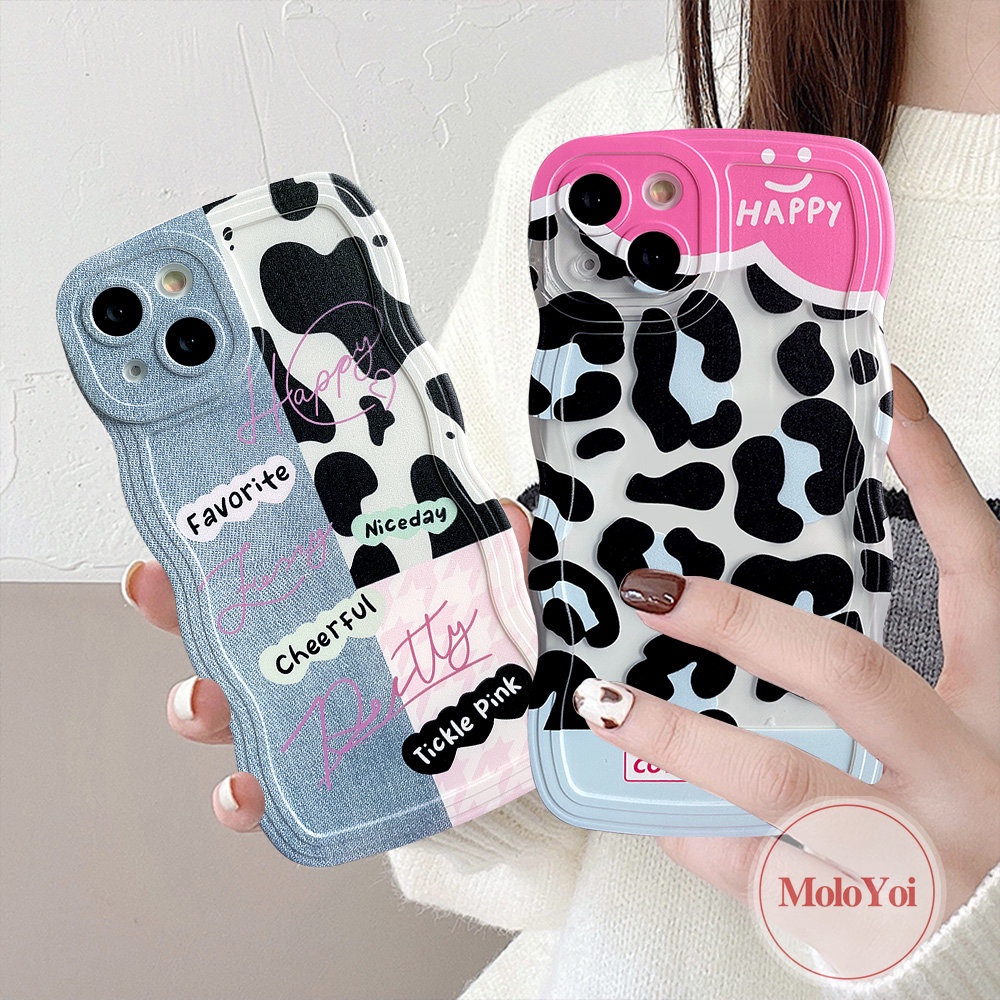 IPHONE Casing Pasangan Tepi Bergelombang Kompatibel Untuk Iphone6 6s 8 7 Plus XR 14 13 12 Pro Max 11 Pro Max 14Plus X XS Max SE 2020motif Denim Splicing Motif Sapi Leopard Lembut TPU Penutup Belakang