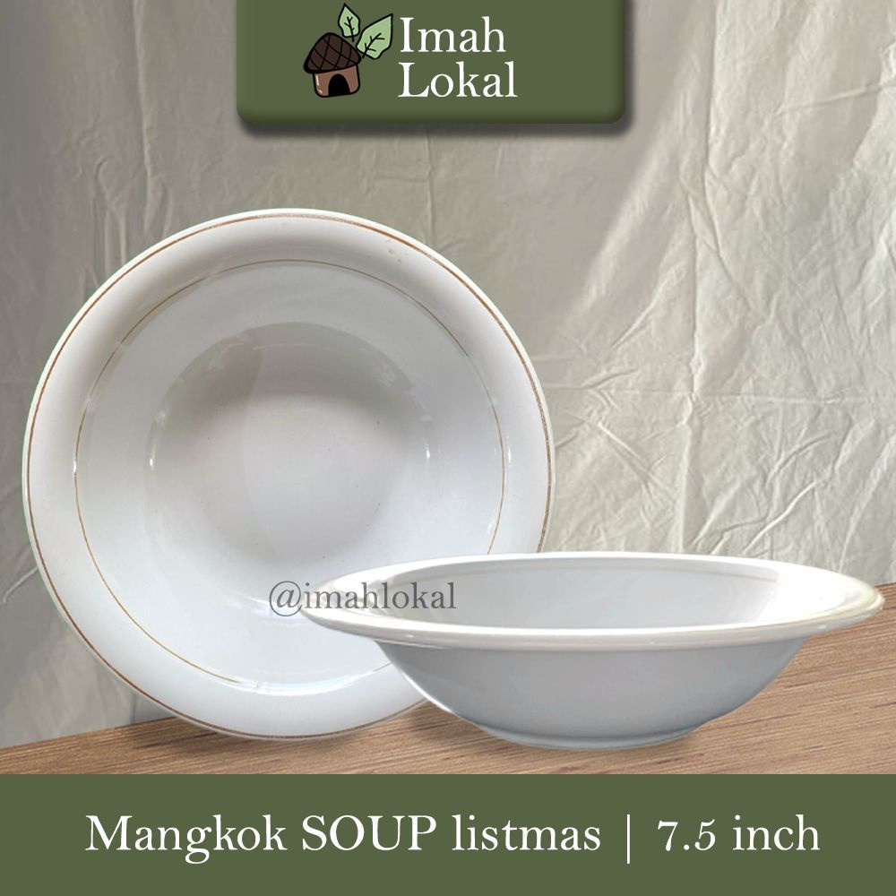 12 Pcs Mangkok Makan SOUP Keramik 7.5 inch List Emas Putih Lucky