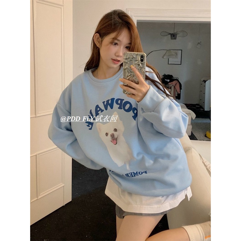 ✒American retro lembut gadis kartun anjing cetak sweater lengan panjang wanita musim gugur dan musim dingin kasual longgar all-match usia mengurangi tren teratas