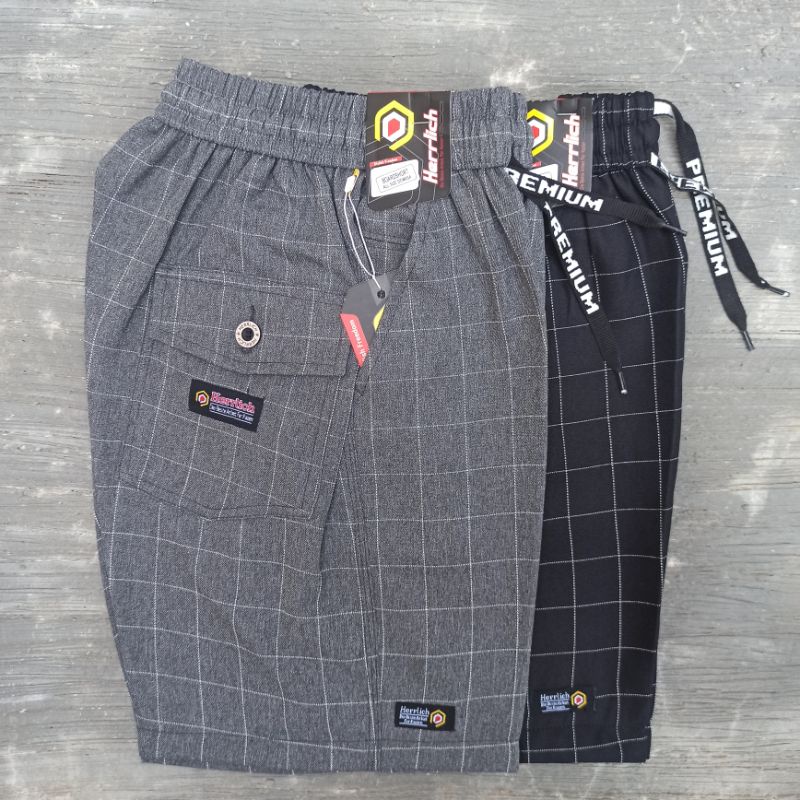 Celana Pendek Boardshort Pinggang Karet Motif Tartan Kotak-Kotak Original Herrlich