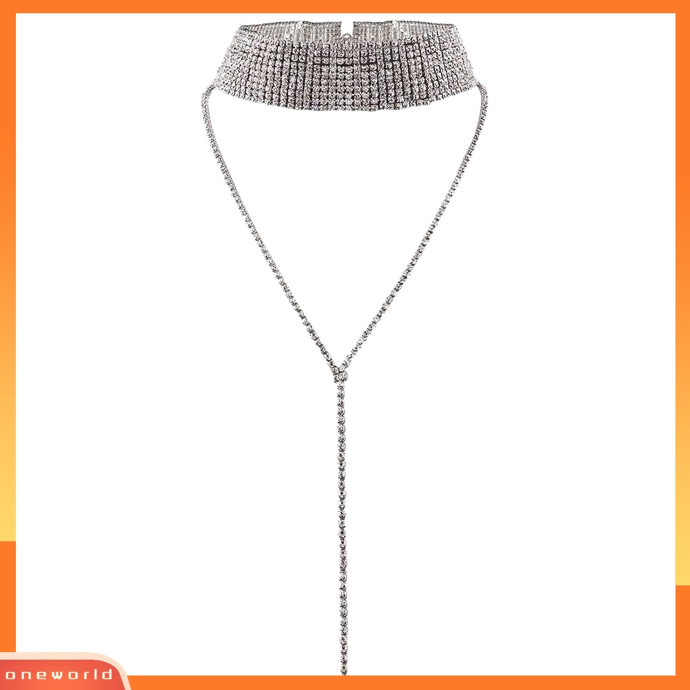 {oneworld} Wanita Fashion Berlian Imitasi Bertatahkan Multilayer Choker Rumbai Rantai Kalung Perhiasan