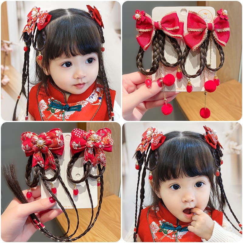 Sepasang Jepitan Pita Imlek Bando Anak Berwarna Merah Cantik | Set Jepit Rambut China Hanfu Model Kipas Aksesoris Fashion Anak Terbaru New Year 2023