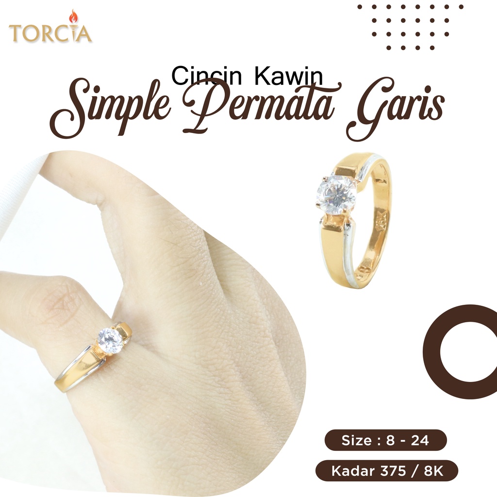 Cincin Kawin Emas Asli Simple Permata Garis Kadar 375 Torcia