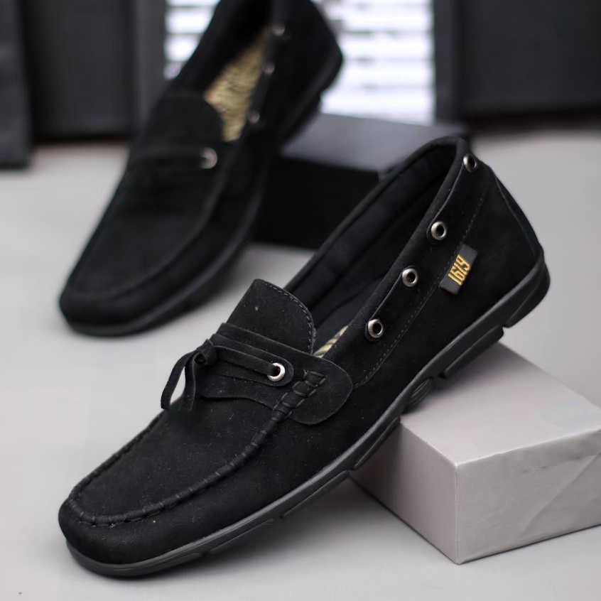 Sepatu Slip On Kasual Pria Original Hitam Bahan Suede Premium Sepatu Selop Casual Cowok Flat Slop