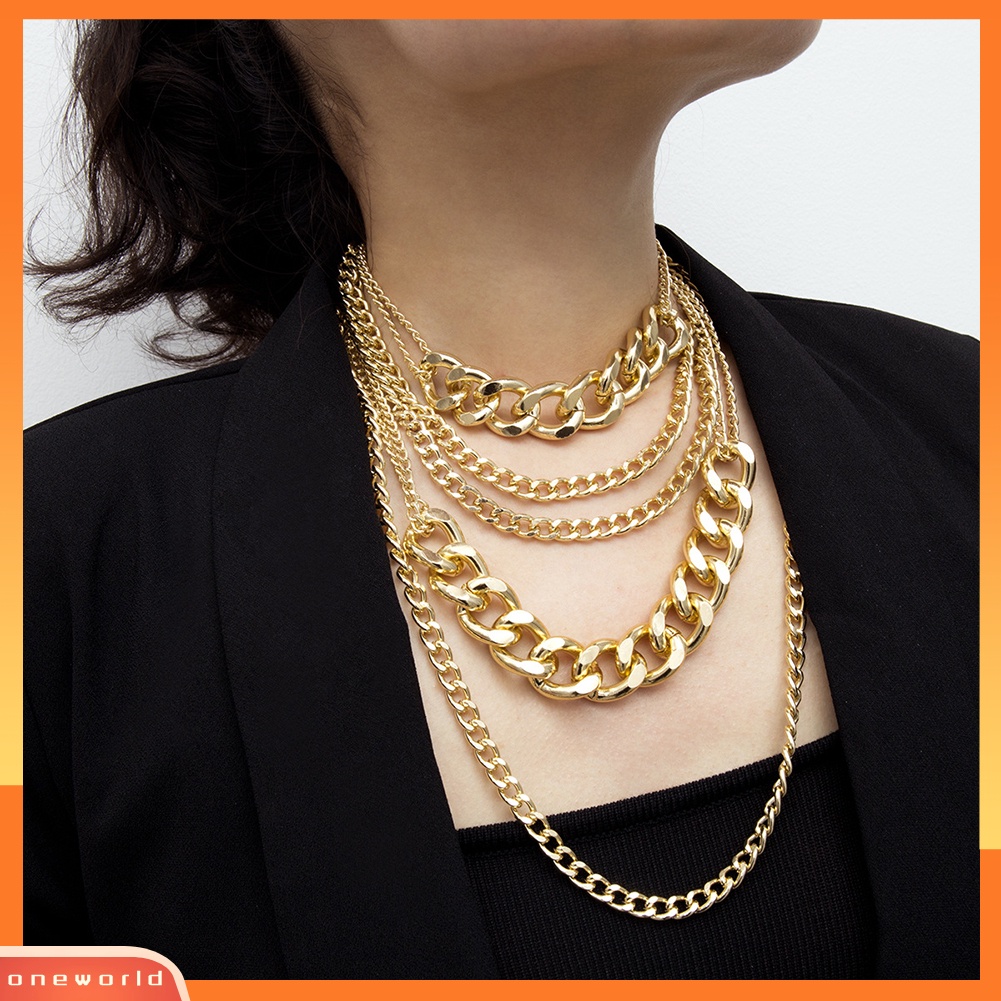 {oneworld} Punk Wanita Multi-layer Curb Rantai Pernyataan Kalung Batu Hip-hop Perhiasan Hadiah