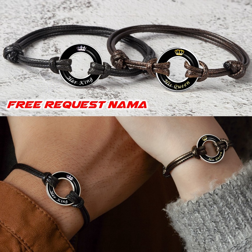 2Pcs GELANG COUPLE KING QUEEN CUSTOM NAMA TULISAN PASANGAN RING PLAT CINCIN STAINLESS STEEL TALI KULIT KEPANG KOREA