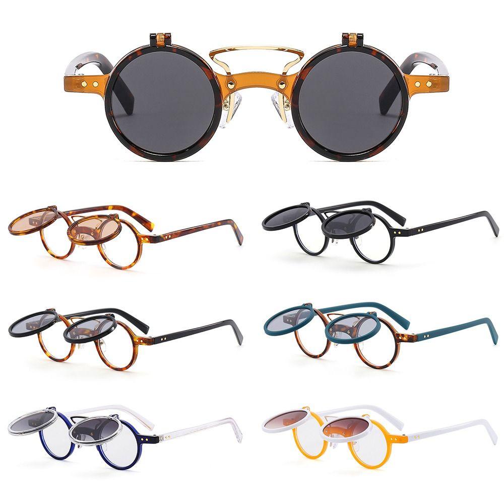 TOP Kacamata Steampunk Flip-Up UV400 Retro Paku Keling Vintage Punk Eyeglasses