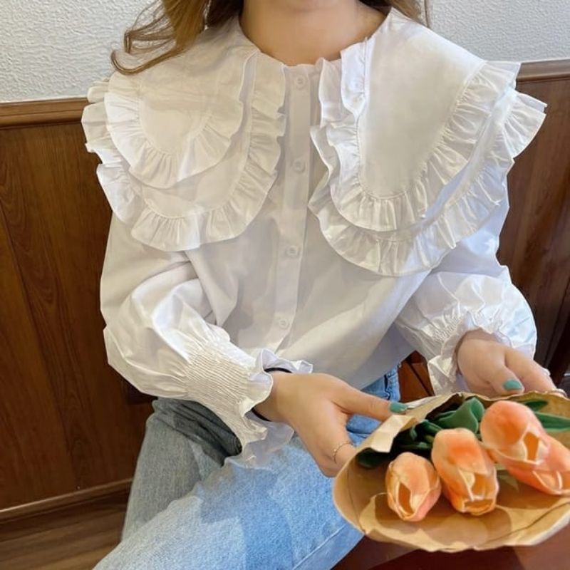 [BISA COD] PREMIUM BLOUSE KOREA - BLOUSE IMPORT -PAKAIAN WANITA -BLOUSE WANITA REMPEL LEHER- KEMEJA 