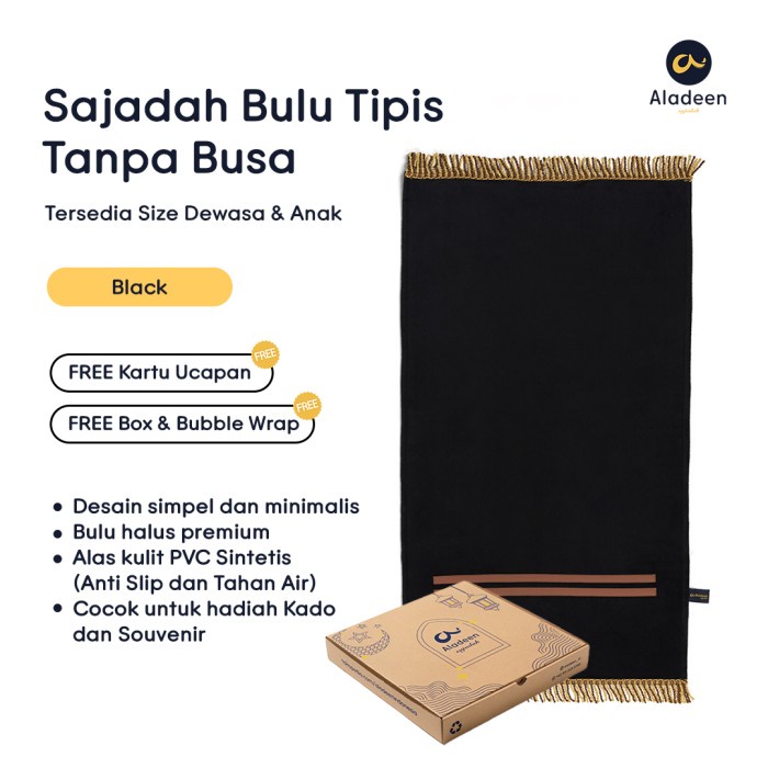 SAJADAH ALADEEN BULU TIPIS (TANPA BUSA) - HITAM SIZE DEWASA