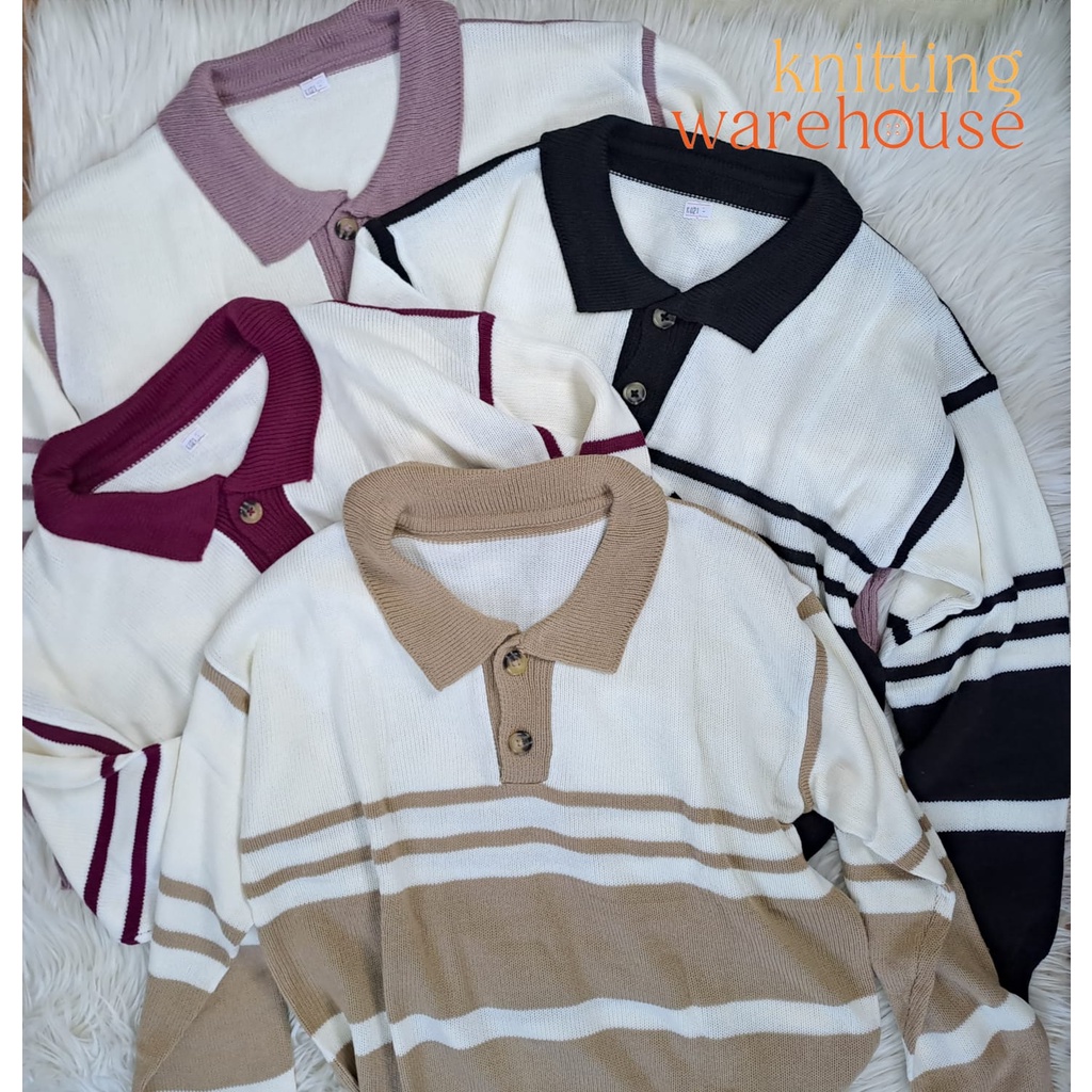 Rina Polo Stripes Sweater - Top Soft Knit - Atasan Rajut Wanita (K021)