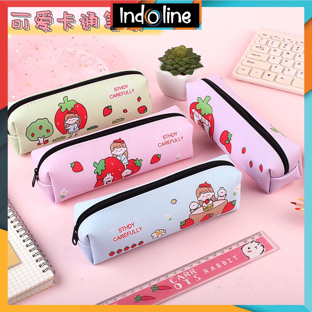 

✔️ Tas Pensil Tempat Alat Tulis Motif Strawberry Bahan PU Japanese Style Import COD